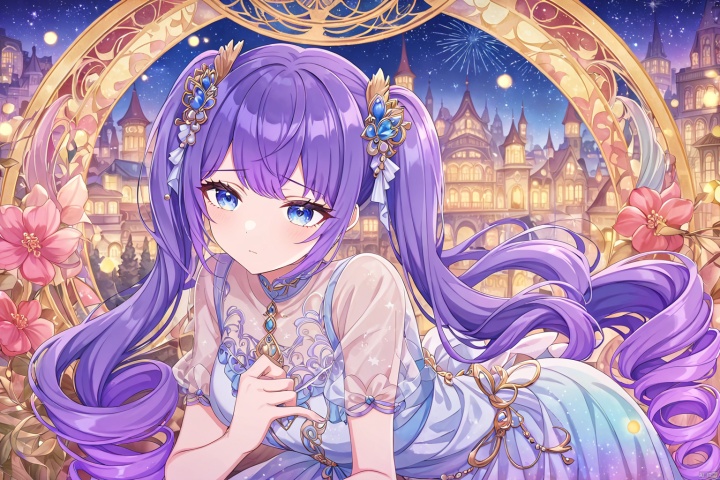 very aesthetic,aesthetic,amazing quality,best quality,hight,hight quality,masterpiece,,snclstyl,beautiful detailed eyes,gentle eyes BREAK
,long hair,purple hair,blue eyes,twintails,dress,see-through,hair ornament BREAK
(blurry),(blurry_foreground),(depth_of_field),wallpaper,highres,colorful,Cinematic Lighting,lens flare,looking_away,head_down,upper body,traditional_media,(mucha),(art nouveau),sparkle,starry,pastel color,watercolor,shiny,drill hair, snclstyle,city,glow,watercolor_(medium),stars,sky,night,feather,