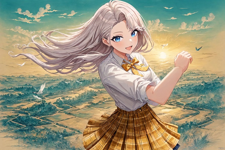 (impasto),watercolor,((artist:houk1se1)),(artist:modere),solo,((amazing quality)),1girl,white hair,blue eyes,long hair,lasymmetrical bangs,hair behind ear,plaid,shirt,white socks,white shirt,plaid skirt,yellow bow,collared shirt,pleated skirt,yellow bowtie,school uniform,smile,open mouth,blush,upper body,look at viewer , from above,(beautiful color,detailed,best quality,very aesthetic:1.2),cowboy shot,bird,sky,cloud,wind,floating,ray tracing,depth of field,lighting and shadow,((perspective)),(lighting particles),colorful,snclstyle, as style,((good structure)),((Good composition))