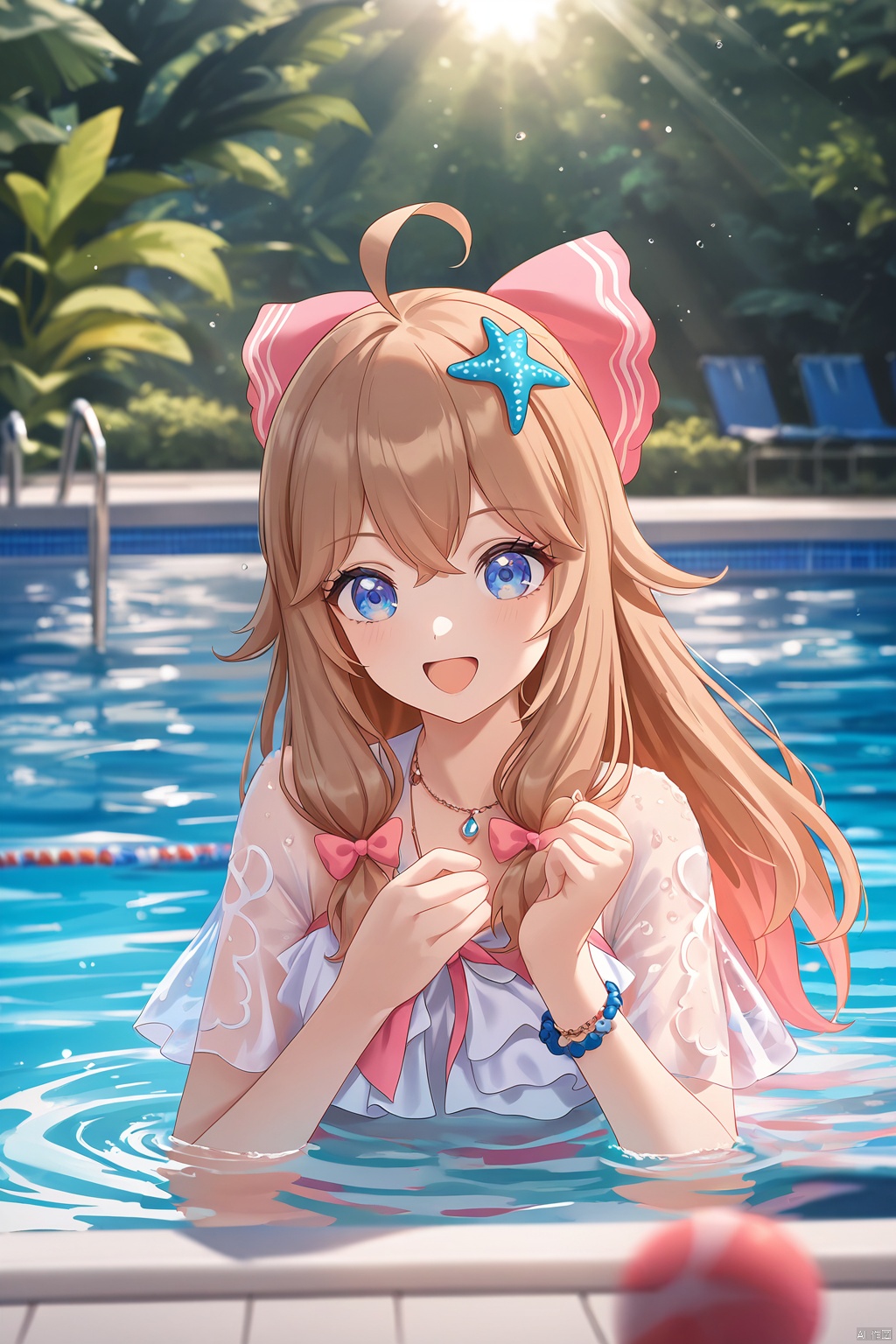 masterpiece,best quality,amazing quality,anime,anime color,1girl,swimsuit,blue eyes,long hair,brown hair,ahoge,pink hair bow,bracelet,starfish hair ornament,see-through,see-through sleeves,shortsleeves,Anime style, cinematic shot of a girl playing joyfully in a swimming pool, dynamic and energetic, with beautiful detailed eyes, sun-kissed skin, surrounded by the cool blue water of the pool, splashing water with a sense of fun, bright sunlight casting a warm glow, tropical plants adding to the lively setting, (best quality, 4k, 8k, highres, masterpiece:1.2), ultra-detailed, realistic, , vibrant colors, sharp focus, dynamic lighting, high contrast, anime portraits, outdoor summer scene, cheerful mood, youthful energy, clear water with sparkling reflections, playful water splashes, sunny and bright anime art, cinematic composition, film grain, depth of field, (happy:1.1), (joyful:1.1), (carefree:1.1), (youthful:1.1), (swimming pool:1.3), (sunlight:1.3), (anime vibrant:1.2), (colorful:1.2), (anime realism:1.2), (anime high-definition:1.2), (anime joyful expression:1.2), (cinematic lighting:1.3), (filmic look:1.3)