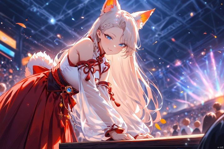 masterpiece,bestquality,higher quality,best quality,aesthetic,very aesthetic,best quality,hight quality,hight,vision,newest BREAK ,1girl,blue eyes,long hair,asymmetrical bangs,white hair,hair behind ear, animal ears, fox ears, detached sleeves, red hakama,cleavagecutout,see-through sleeves,cowboy_shot,upper_body,smile,stage,many people,wind,solo,glow,cinematic lighting,motion blur,depth of field,lens flare,fantastic,colorful,watercolor,:3,bent over,paw pose