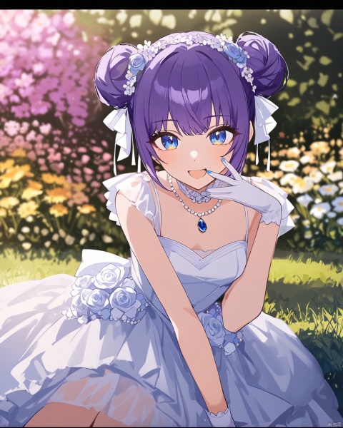 anime,flat color,by agm,by ningen mame ,by ciloranko,by sho (sho lwlw) , 1girl, blue eyes, double bun, hair bun, purple hair, wedding dress, white gloves, sleeveless, nail polish, bangs, blue nails, small breasts, red gem necklace,,sitting, arm support, smile, detailed,amazingquality, snclstyle,BREAK,blurry_background,blurry_foreground,shiny,open_mouth,blush,v over mouth,watercolor,ray tracing,gentle eyes,luminous eyes,grass,flowers,garden,beautiful color,colorful,(Volumetric Lighting,Cinematic Lighting),