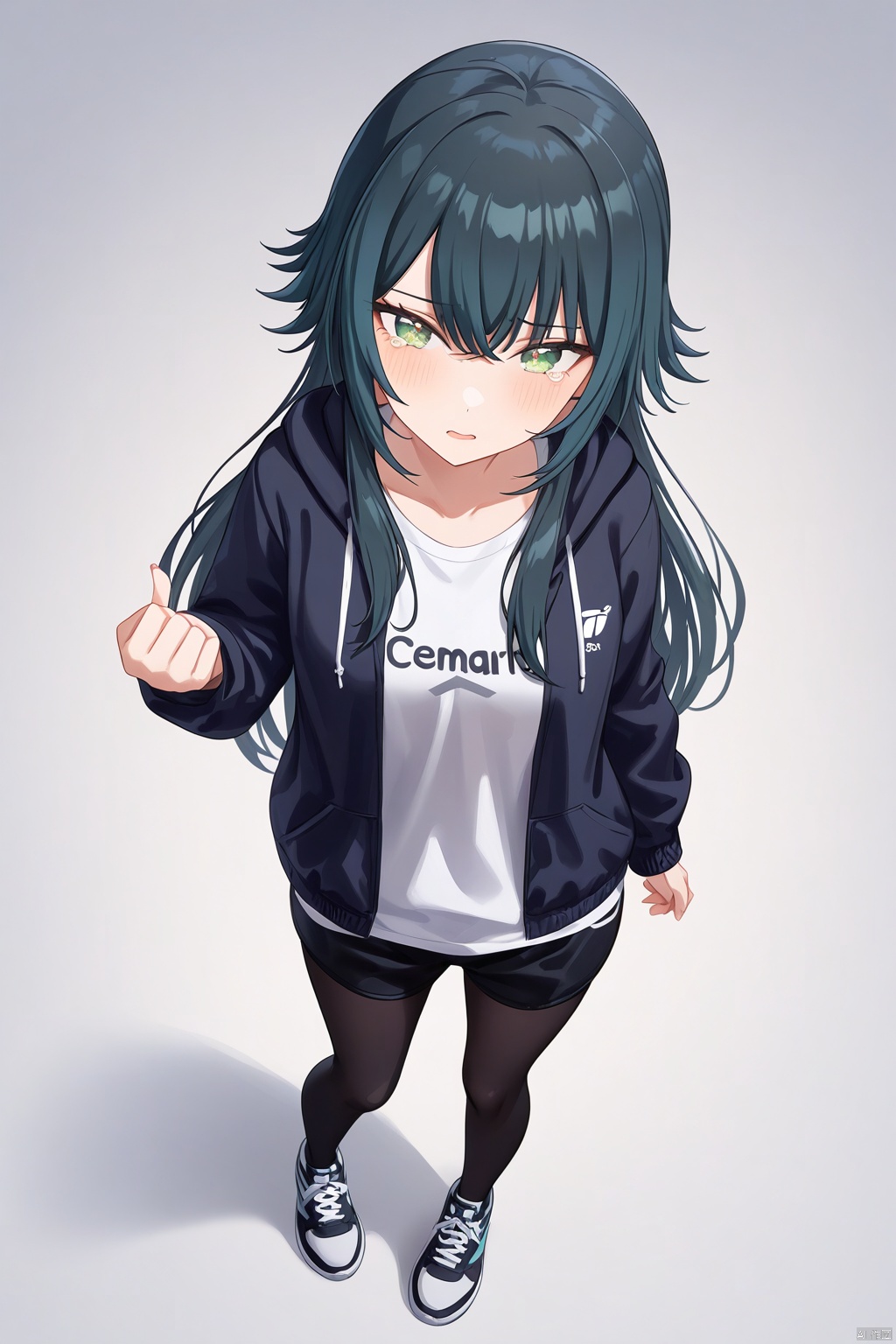 clean color,temari tsukimura,temari four,(raising a finger),1girl,green eyes,long hair,black hair,shoes,sneakers,hoodie,open clothes,white shirt,open jacket,black shorts,black pantyhose,clothes writing,long sleeves,detailed face,(simple background),(white background),((upper body_) BREAK beautiful color,detailed,best quality,amazing quality,very aesthetic,colorful,masterpiece,look at viewer,best quality,snclstyle,cowboy shot,cry,tearful eyes,full body,chibi,middle breasts,(from above),standing