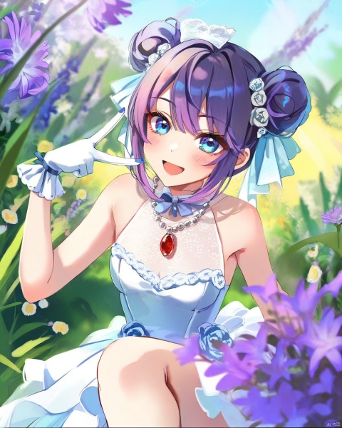 by himeyamato, by yunamaro,(by pottsness:0.5),by dikko,by zounose,by modare,by ningen mame ,by ciloranko,1girl, blue eyes, double bun, hair bun, purple hair, wedding dress, white gloves, sleeveless, nail polish, bangs, blue nails, small breasts, red gem necklace,kick, smile, ,summer,detailed,amazing quality, ,BREAK,blurry_background,blurry_foreground,shiny,open_mouth,blush,v over mouth,ray tracing,gentle eyes,luminous eyes,grass,beautiful detailed,flowers,garden,(Volumetric Lighting,Cinematic Lighting),by nixeu, snclstyle