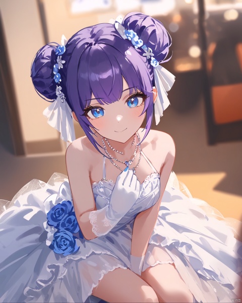 flat color,by ningen mame ,by ciloranko,by sho (sho lwlw) , 1girl, blue eyes, double bun, hair bun, purple hair, wedding dress, white gloves, sleeveless, nail polish, bangs, blue nails, small breasts, redgemnecklace,, sitting, arm support, smile, detailed,amazingquality, snclstyle,blurry_background,blurry_foreground,shiny,2.5d,>o<,blush,v over mouth,wlop,watercolor,ray tracing,gentle eyes,luminous eyes,