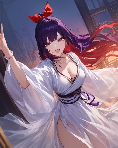 original,(modare),((artist:wanke)),artist:ciloranko,((artist:ningen_mame)),(wlop:0.6),anime,1girl,long hair,purple hair,half-closed eyes, smile,red hair bow, open mouth, hand outstretched, medium breasts, collarbone, cleavage, chinese hanfu, wide sleeves, see-through sleeves, white dress, floating hair, wearing a pair of white jade bracelets, indoors, cowboy shot, dusk, bamboo, dutch angle, masterpiece, bestquality, ultra detailed, Ancient China_Indoor scenes,best quality,high quality,very aesthetic,mole under eye,purple eyes,looking_at_viewer,motion_lines,motion_blur,speed_lines,depth of field, snclstyle