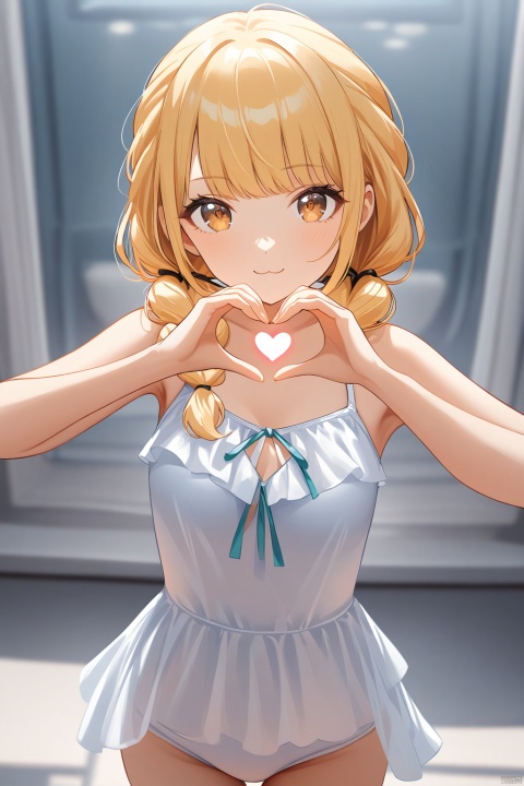 Here is the prompt:

A stunning Kotone Fujita-style illustration of a single blonde-haired girl with long, braided hair and brown eyes, wearing a swimsuit. She is reaching out with her hand to make a heart sign, gazing directly at the viewer with a detailed, expressive face. The background is simple and white, focusing attention on the upper body. Her full-body pose is framed in a cowboy shot composition, showcasing her beauty in vibrant, high-quality colors that burst forth from the page like a masterpiece.:3