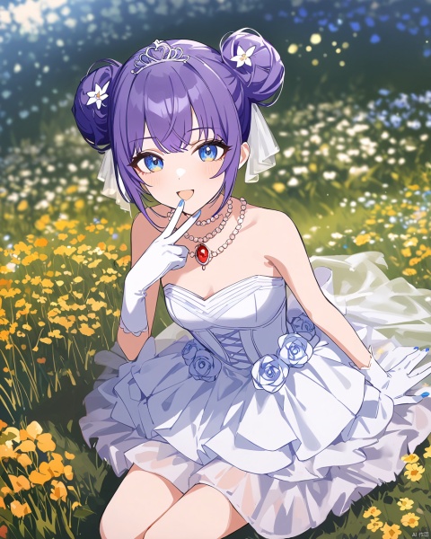 anime,flat color,by agm,by ningen mame ,by ciloranko,by sho (sho lwlw) , 1girl, blue eyes, double bun, hair bun, purple hair, wedding dress, white gloves, sleeveless, nail polish, bangs, blue nails, small breasts, red gem necklace,,sitting, arm support, smile, detailed,amazingquality, snclstyle,BREAK,blurry_background,blurry_foreground,shiny,open_mouth,blush,v over mouth,watercolor,ray tracing,gentle eyes,luminous eyes,grass,flowers,garden,beautiful color,colorful,Volumetric Lighting,Cinematic Lighting