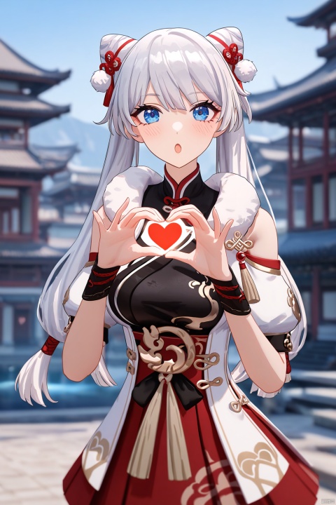 impasto,artist:houk1se1,xuetu, 10th clothes, 1girl, blue eyes,white hair, bangs, long hair,double bun,:o,detailed face,(upper body) BREAK beautiful color,detailed,best quality,amazing quality,very aesthetic,cowboy shot,masterpiece,look at viewer,(making a heart gesture with hands),hands up,standing,snclstyle,chinese building,water,sky,beautiful water,ray tracing,(detailed background),blush,blurry foreground,blurry background,watercolor,from side
