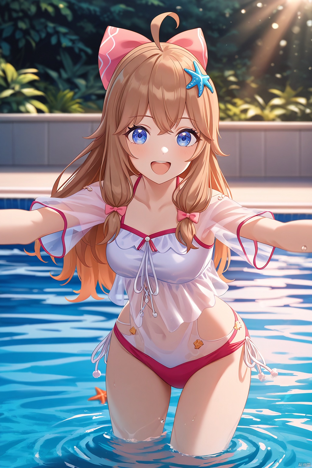 masterpiece,best quality,amazing quality,anime,anime color,1girl,swimsuit,blue eyes,long hair,brown hair,ahoge,pink hair bow,bracelet,starfish hair ornament,see-through,see-through sleeves,shortsleeves,Anime style, cinematic shot of a girl playing joyfully in a swimming pool, dynamic and energetic, with beautiful detailed eyes, sun-kissed skin, surrounded by the cool blue water of the pool, splashing water with a sense of fun, bright sunlight casting a warm glow, tropical plants adding to the lively setting, (best quality, 4k, 8k, highres, masterpiece:1.2), ultra-detailed, realistic, , vibrant colors, sharp focus, dynamic lighting, high contrast, anime portraits, outdoor summer scene, cheerful mood, youthful energy, clear water with sparkling reflections, playful water splashes, sunny and bright anime art, cinematic composition, film grain, depth of field, (happy:1.1), (joyful:1.1), (carefree:1.1), (youthful:1.1), (swimming pool:1.3), (sunlight:1.3), (anime vibrant:1.2), (colorful:1.2), (anime realism:1.2), (anime high-definition:1.2), (anime joyful expression:1.2), (cinematic lighting:1.3), (filmic look:1.3)