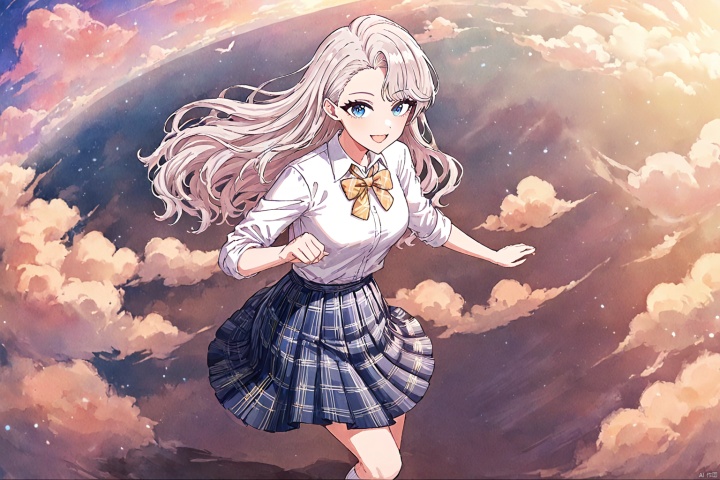 (impasto),watercolor,((artist:houk1se1)),(artist:modere),solo,((amazing quality)),1girl,white hair,blue eyes,long hair,lasymmetrical bangs,hair behind ear,plaid,shirt,white socks,white shirt,plaid skirt,yellow bow,collared shirt,pleated skirt,yellow bowtie,school uniform,smile,open mouth,blush,upper body,look at viewer , from above,(beautiful color,detailed,best quality,very aesthetic:1.2),cowboy shot,bird,sky,cloud,wind,floating,ray tracing,depth of field,lighting and shadow,((perspective)),(lighting particles),colorful,snclstyle, as style, line art