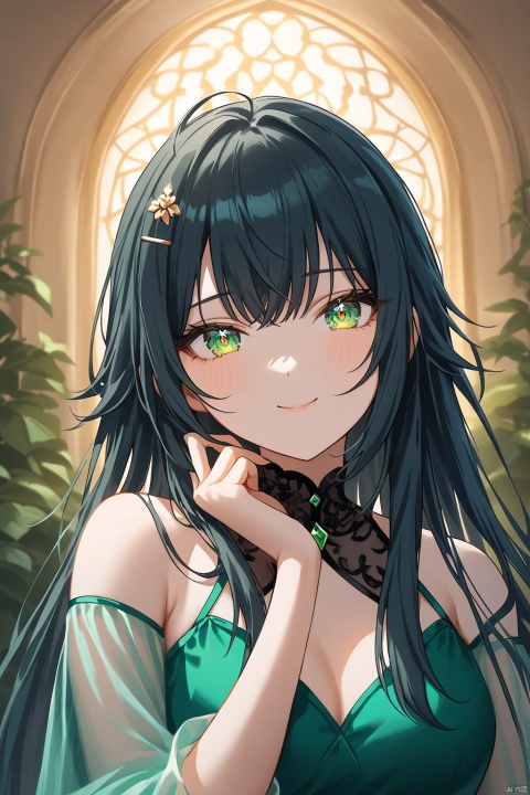Temari Tsukimura's enchanting smile beams radiantly as she tilts her head slightly, her green eyes sparkling like emeralds amidst a warm, inviting indoor setting. A delicate wave of black hair cascades down her back, secured by a small hairclip, while a matching hair ornament adds a touch of whimsy to the overall scene. Her hand gently caresses her cheek as she gazes directly at the viewer, her ringed eyes sparkling with warmth and affection.