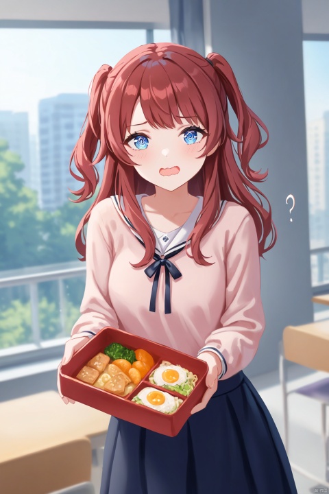 Best-A,masterpiece,best quality,high quality,best shadow,(colorful),miwano rag,wlop,myush,(ringed eyes,wavy mouth,open mouth,?,head tilt),saki hanami,blue eyes,long hair,two side up,red hair,hair dun,A girl extends a bento box towards the camera with a shy, blushing smile. Her eyes convey a mix of apology and playfulness, as the box contains not a meal, but a small snake—a quirky twist that surprises the viewer. The classroom setting, bathed in sunlight streaming through the windows, provides a warm and familiar backdrop. The beautiful sky outside adds a serene contrast to the intriguing scene inside, highlighting the girl's endearing awkwardness as she presents her unexpected gift.