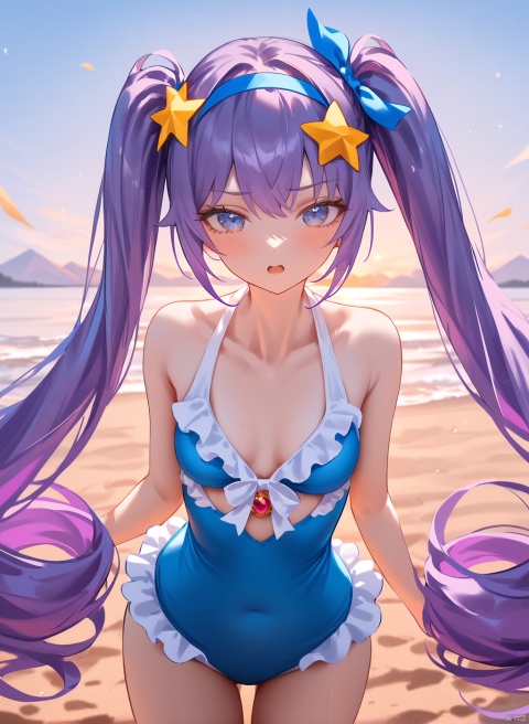 2d,anime,source_anime,highres absurdres,masterpiece,bestquality,higher quality,best quality,blush, 1girl, purple hair, twintails, blue eyes, long hair, star hair ornament, blue one-piece swimsuit, blue hairband, solo, very long hair, small breasts, frilledswimsuit,aesthetic,very aesthetic,best quality,hight ,sky,wind,floating flowers,vision