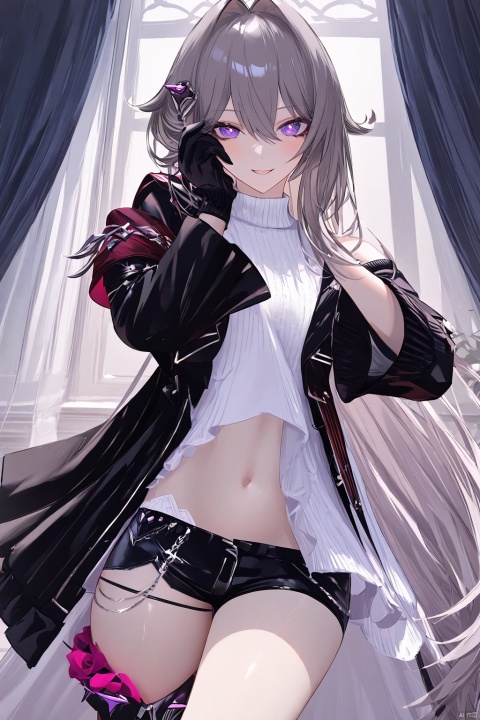 liduke:1.3,reoen:1.2,kyusoukyu:1.2,konya karasue:1.2,wanke1.1,rella,
helema, 1girl, black gloves, very long hair, purple eyes, navel, single thighhigh, black short shorts, grey hair, hair ornament,solo,looking at viewer,blush,indoors,bangs,long sleeves,hair ornament,sweater,parted lips,black jacket,turtleneck,turtleneck sweater,curtains,hand on own face,smile,white sweater,open clothes,hairclip,
(beautiful color,detailed,best quality,amazing quality,very aesthetic:1.5),