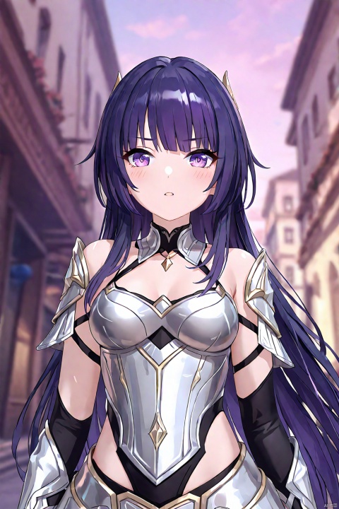 anime,anime color,impasto,4th clothes, shiyuan, Lady Cuirass-Skirt Armor, (Metal armor, Metallic clothes), 1girl, raiden mei, long hair, purple eyes, purple hair, bangs,clean coloring,masterpiece,best quality,high quality, snclstyle,blush,ray tracing, amazing quality,upper body,from below,blurry foreground,blurry background,city,watercolor