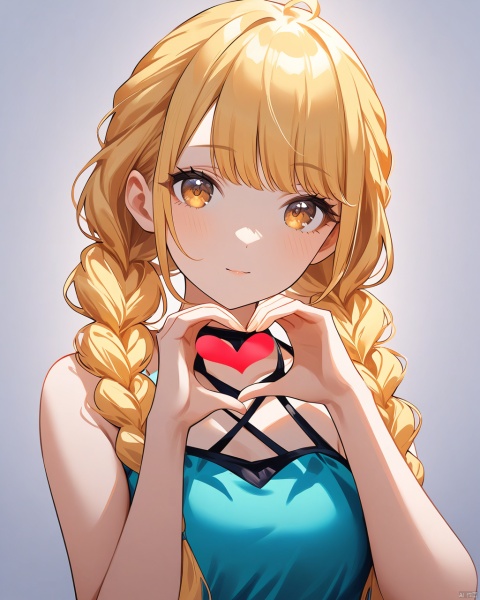 A stunning Kotone Fujita-inspired artwork! Depict a beautiful 1-girl, Kotone One style illustration with a clean and vibrant color palette. The subject, featuring long blonde hair in twin braids, has brown eyes that seem to gaze directly at the viewer. She's wearing a swimsuit and making a heart sign with her hand, as if beckoning the viewer. Against a simple white background, her upper body is the focal point. The image should have detailed facial features, breathtakingly beautiful color, and an amazing quality that makes it seem like a masterpiece. The overall aesthetic is very colorful, with a sense of depth and dimensionality that draws the viewer in.
