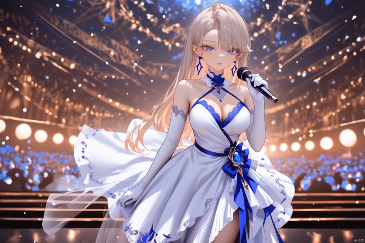 highres absurdres,masterpiece,bestquality,higher quality,best quality,blush,aesthetic,very aesthetic,best quality,hight quality,hight,vision,newest BREAK ,1girl,solo,white long dress,blue earrings,holding microphone,white gloves,flower,breasts,looking at viewer,white elbow gloves,