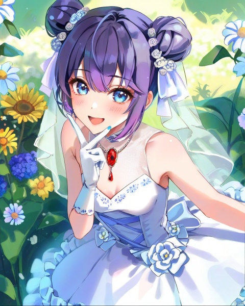 by himeyamato, by yunamaro,(by pottsness:0.5),by dikko,by zounose,by modare,by ningen mame ,by ciloranko,1girl, blue eyes, double bun, hair bun, purple hair, wedding dress, white gloves, sleeveless, nail polish, bangs, blue nails, small breasts, red gem necklace,kick, smile, ,summer,detailed,amazing quality, ,BREAK,blurry_background,blurry_foreground,shiny,open_mouth,blush,v over mouth,ray tracing,gentle eyes,luminous eyes,grass,beautiful detailed,flowers,garden,(Volumetric Lighting,Cinematic Lighting),by nixeu, snclstyle,