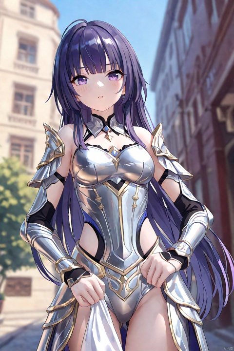 anime,anime color,impasto,4th clothes, shiyuan, Lady Cuirass-Skirt Armor, (Metal armor, Metallic clothes), 1girl, raiden mei, long hair, purple eyes, purple hair, bangs,clean coloring,masterpiece,best quality,high quality, snclstyle,blush,ray tracing, amazing quality,upper body,from below,blurry foreground,blurry background,city,watercolor