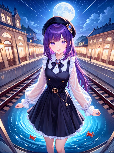  very aesthetic,aesthetic,amazing quality,best quality,hight,hight quality,masterpiece,highres BREAK
beautiful eyes,luminous eyes,gentle eyes,,
1girl,solo,cowboy shot,disdain,Volumetric Lighting,Cinematic Lighting,oil_painting,((classicism)),motion_blur,depth of field,1girl,purple eyes,purple hair,long hair,beret,black pinafore dress,belt,puffy long sleeves,see-throughsleeves,rose,mole_under_eye ,:d,hands behind, glow,night,stars_(sky),moon,water,glass floor,flowers around,vision,idolmaster,dynamic angles,Hazy light,Floodlight,falling star,↘,red style,(sea),fantasy,fantastic,dreamy,blush,from side,looking_at_viewer,upper_body,dutch angle,fisheye,from above,beautiful water,beautiful sky,crab,stars_(sky),(railway station),Light effects,Optical particle,Luminous,High brightness contrast,purple eyes,mole under eye