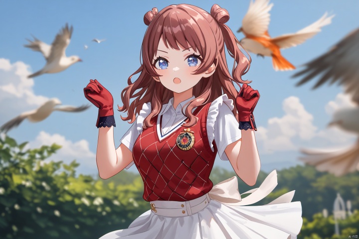 impasto,amazing quality,best quality,masterpiece,4k,saki hanami,saki one,1girl,blue eyes,argyle clothes,(white skirt),sweater vest,collared shirt,gloves,short sleeves,long hair,red socks,hands up,blurry foreground,upper body,cowboy shot,slim skinny,watercolor,snclstyle,birds,sky,clouds,garden