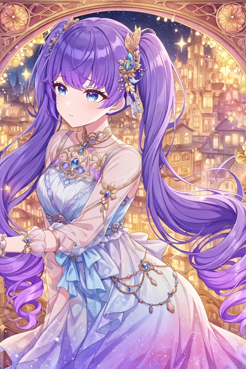 very aesthetic,aesthetic,amazing quality,best quality,hight,hight quality,masterpiece,,snclstyl,beautiful detailed eyes,gentle eyes BREAK
,long hair,purple hair,blue eyes,twintails,dress,see-through,hair ornament BREAK
(blurry),(blurry_foreground),(depth_of_field),wallpaper,highres,colorful,Cinematic Lighting,lens flare,looking_away,head_down,upper body,traditional_media,(mucha),(art nouveau),sparkle,starry,pastel color,watercolor,shiny,drill hair, snclstyle,city,glow,watercolor_(medium),stars,sky,night