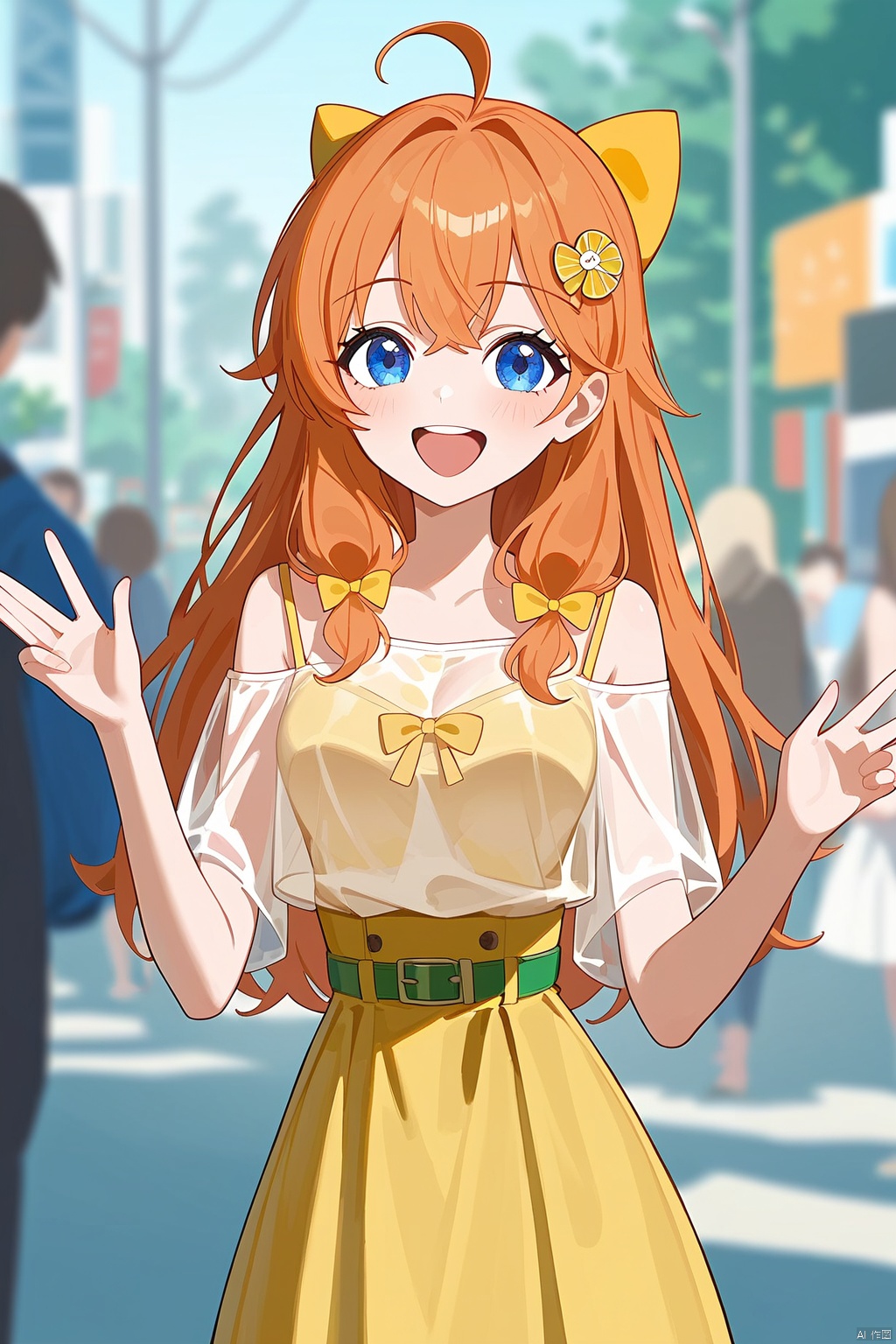 (score_9,score_8_up,score_7_up),style_1,style_2,style_3,style_4,masterpiece,best quality,amazing quality,anime,anime color,1girl,blue eyes,long hair,brown hair,ahoge,yellow hair bow,yellow camisole,high-waist skirt,see-through shirt,orange hair ornament,yellow bow,greenbelt, film grain, depth of field, (happy:1.1), (joyful:1.1), 