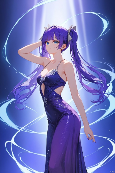 (score_9,score_8_up,score_7_up),style_1,style_2,style_3,style_4, glow,masterpiece,best quality,amazing quality,beautiful detailed,4K,very aesthetic,beautiful color,1girl, twintails, solo, blue eyes, long hair, purple evening gown, purple hair, sleeveless, bangs, blue hair bow, grey hairribbon,