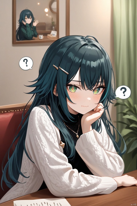 (ringed eyes,wavy mouth,?,head tilt),waving,temari tsukimura,long hair,green eyes,black hair,,A delightful impasto-inspired artwork! A cute-faced girl with liduke-inspired features gazes directly at the viewer, her cheeks blushing softly. Indoors, amidst a cozy atmosphere with parted curtains, she sits wearing a black turtleneck sweater, white long sleeves, and a brown-eyed gaze that shines like emeralds. Her hair is styled in loose waves with a hairclip holding back stray strands. A delicate hair ornament adorns her locks, complementing the intricate details of her impasto-style artwork. The focus lies on her face, with her hand gently resting on her own cheek.