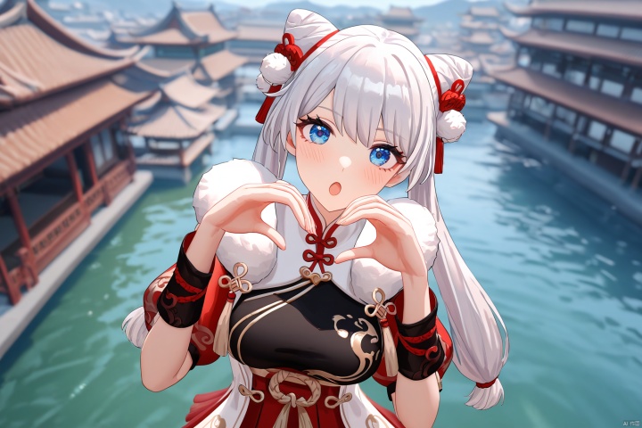 impasto,artist:houk1se1,xuetu, 10th clothes, 1girl, blue eyes,white hair, bangs, long hair,double bun,:o,detailed face,(upper body) BREAK beautiful color,detailed,best quality,amazing quality,very aesthetic,cowboy shot,masterpiece,look at viewer,(making a heart gesture with hands),hands up,standing,snclstyle,chinese building,water,sky,beautiful water,ray tracing,(detailed background),blush,blurry foreground,blurry background,watercolor,from above