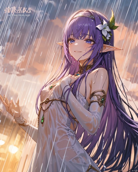 original,(artist:wanke),artist:ciloranko,(artist:ningen_mame),(rainning:1.3),(wlop:0.6),anime,girl,solo,pointy ears,long hair,elf,purple hair,blue eyes,hair flower,small breasts,very long hair,bangs,nail polish,parted lips,white elbow gloves,green gem,pearlhairband,cowboy_shot,Tyndall effect,available light,Volumetric Lighting,rim light,absurdres,colorful,cinematic_angle,depth_of_field,blurry,blurry_foreground,outdoors,smile,(wet clothes),(wet hair),water drop,water on face,gloom,sky,sunlight shines through the clouds,blush,looking down,from below,(closed mouth),crying with eyes open,seductive smile,(blushing ears), snclstyle