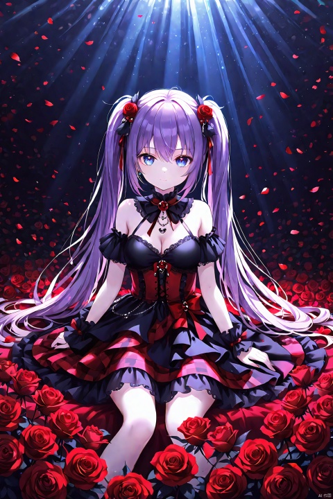 masterpiece,,best quality,illustration,,sunlight,(detailed beautiful eyes:1.3),1girl,expressionless,wavy hair,messy hair,long bangs,hairs between eyes,detailed extremely,BREAK,sitting,(loli),gothic_lolita,red pupils,purple hair,red Surrounded by roses,A colorful tulle dress,beautiful eyes,blue eyes,a magical background,fireflies,BREAK,1girl,breasts,solo,cleavage,looking at viewer,twintails,large breasts,long hair,dress,bare shoulders,bangs,smile,upper body,hair ornament,earrings,volumetric lighting,cinematic image quality,very aethestic, snclstyle, 