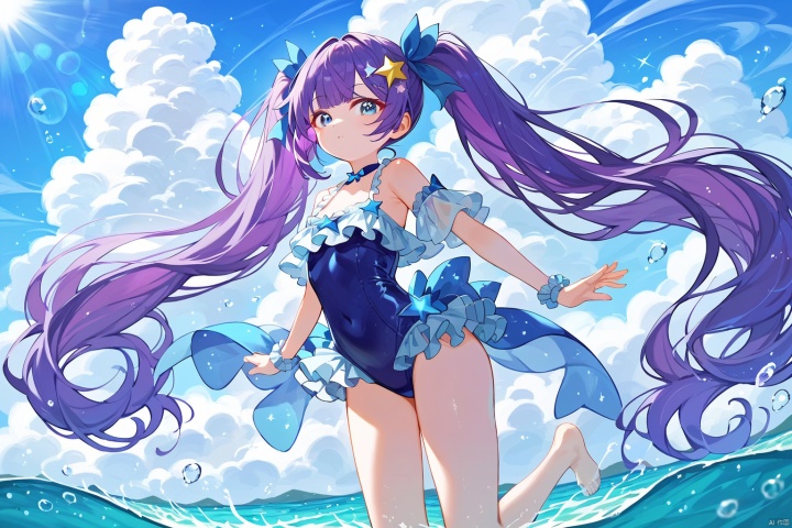 (score_9,score_8_up,score_7_up),style_1,style_2,style_3,style_4,1girl, purple hair, twintails, blue eyes, long hair, star hair ornament, blue one-piece swimsuit, blue hairband, solo, very long hair, small breasts, frilled swimsuit,A young woman with striking features: vibrant purple twintails cascading down her back, bright blue eyes shining like the ocean. She wears a stunning blue one-piece swimsuit, adorned with a star-shaped hair ornament that matches the sparkling stars floating above the beach's beautiful sky and soft cloud cover. Her very long hair flows gently in the breeze as she stands solo, her small breasts barely noticeable beneath the frilled swimsuit. The watercolor-inspired atmosphere blurs the foreground and background, creating a dreamy effect. The overall aesthetic is breathtakingly beautiful, with every detail rendered in masterful quality.