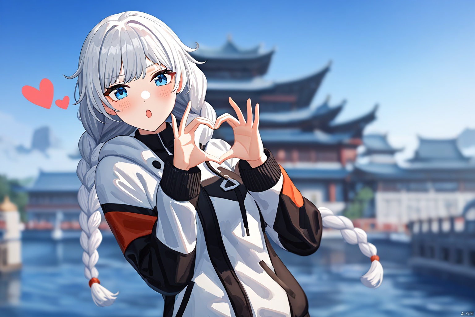 impasto,artist:houk1se1,mitu, 1girl, jacket, braid, blue eyes, twin braids, long hair, white hair,:o,detailed face,(upper body) BREAK beautiful color,detailed,best quality,amazing quality,very aesthetic,cowboy shot,masterpiece,look at viewer,(making a heart gesture with hands),hands up,standing,snclstyle,chinese building,water,sky,beautiful water,ray tracing,(detailed background),blush,blurry foreground,blurry background,watercolor,