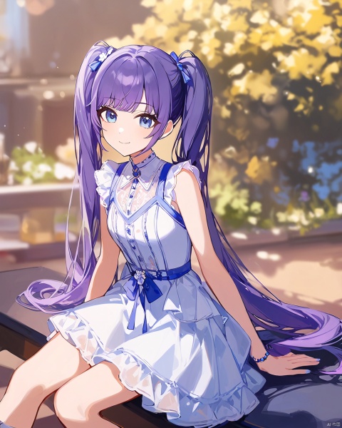 (by ningen mame:0.8) , (by ciloranko:1.1) , (by sho (sho lwlw):1.2) , 1girl,, sitting, arm support, smile, detailed,amazingquality, blue eyes,purple hair,twintails,long hair,dress, snclstyle,blurry_background,blurry_foreground