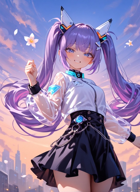 2d,anime,source_anime,highres absurdres,masterpiece,bestquality,higher quality,best quality,blush, 1girl, solo, purple hair, blue eyes, twintails, smile, long hair, very long hair, white collared jacket, cyberpunk hair ornament, black skirt, see-through sleeves, jacket, white jacket,drillhair,aesthetic,very aesthetic,best quality,hight ,sky,wind,floating flowers,vision