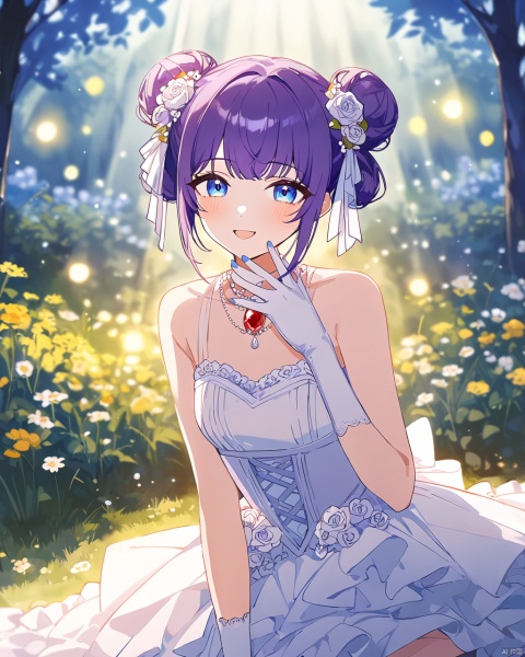 anime,flat color,by agm,by ningen mame ,by ciloranko,by sho (sho lwlw) , 1girl, blue eyes, double bun, hair bun, purple hair, wedding dress, white gloves, sleeveless, nail polish, bangs, blue nails, small breasts, red gem necklace,,sitting, arm support, smile, detailed,amazingquality, snclstyle,BREAK,blurry_background,blurry_foreground,shiny,open_mouth,blush,v over mouth,watercolor,ray tracing,gentle eyes,luminous eyes,grass,flowers,garden,beautiful color,colorful,(Volumetric Lighting,Cinematic Lighting), glow