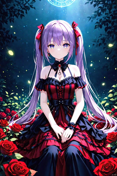 (masterpiece:1.3),(magic circle:1.3),best quality,illustration,,sunlight,(detailed beautiful eyes:1.3),1girl,expressionless,wavy hair,messy hair,long bangs,hairs between eyes,detailed extremely,BREAK,sitting,((loli)),gothic_lolita,red pupils,purple hair,red Surrounded by roses,A colorful tulle dress,Exquisite details,beautiful eyes,blue eyes,The background of a nighttime human wonderland,a magical background,fireflies,A slender and delicate beautiful face,BREAK,1girl,breasts,solo,cleavage,looking at viewer,twintails,large breasts,long hair,dress,bare shoulders,bangs,ribbon,smile,upper body,hair ribbon,earrings,8K quality,volumetric lighting,cinematic image quality,ultimate details,complex and exquisite details,very aethestic, snclstyle, PVC