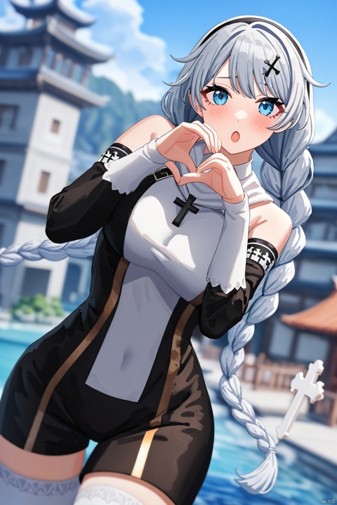 impasto,artist:houk1se1,shennv, 8th clothes, 1girl, nun, braid, twin braids, bare shoulders, bangs, boots, white thighhighs, gloves, hair ornament, long hair,:o,detailed face,(upper body) BREAK beautiful color,detailed,best quality,amazing quality,very aesthetic,cowboy shot,masterpiece,look at viewer,(making a heart gesture with hands),hands up,standing,snclstyle,chinese building,water,sky,beautiful water,ray tracing,(detailed background),blush,blurry foreground,blurry background,watercolor,