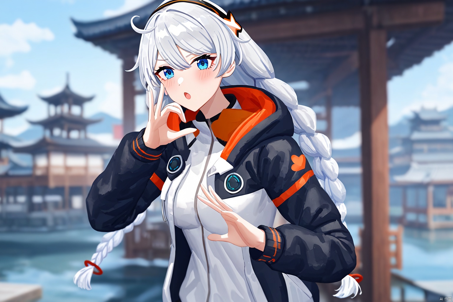 impasto,artist:houk1se1,kiana kaslana, mitu, 7th clothes, 1girl, jacket, braid, blue eyes, twin braids, long hair, white hair,:o,detailed face,(upper body) BREAK beautiful color,detailed,best quality,amazing quality,very aesthetic,cowboy shot,masterpiece,look at viewer,(making a heart gesture with hands),hands up,standing,snclstyle,chinese building,water,sky,beautiful water,ray tracing,(detailed background),blush,blurry foreground,blurry background,watercolor,