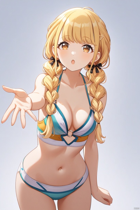 clean color,kotone fujita,kotone one,1girl,((reaching out)),braid,twin braids,long hair,blonde hair,brown eyes,（swimsuit）,detailed face,(simple background),(white background),(upper body) BREAK beautiful color,detailed,best quality,amazing quality,very aesthetic,colorful,masterpiece,look at viewer,best quality,snclstyle,cowboy shot,:o,full body,chibi,middle breasts
