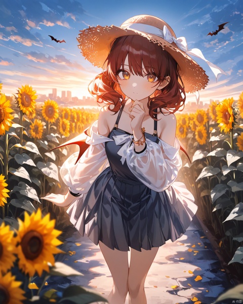 Kumiko, (artist:wanke),(artist:ciloranko),(artist:ningen_mame),masterpiece,best quality,high quality,(colorful), 1girl, sunflower, flower, solo, , hat, long hair, outdoors,((school uniform)),puffy long sleeves,see-throughsleeves, wings, day, looking at viewer, bare shoulders, cloud, sky, blush,straw hat, blue sky, closed mouth, standing, demon wings, yellow flower, looking at viewer,, sun hat,, from above, brown headwear, jewelry,sunflower field, depth of field, white bow, , sleeveless, off shoulder, bracelet, leaf, sleeveless dress, blurry, cloudy sky, bat wings, snclstyle,, glow,Hazy light