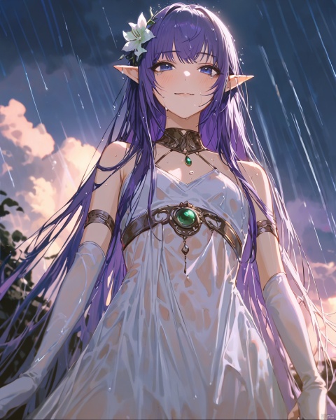 original,(artist:wanke),artist:ciloranko,(artist:ningen_mame),(rainning:1.3),(wlop:0.6),anime,girl,solo,pointy ears,long hair,elf,purple hair,blue eyes,hair flower,small breasts,very long hair,bangs,nail polish,parted lips,white elbow gloves,green gem,pearlhairband,cowboy_shot,Tyndall effect,available light,Volumetric Lighting,rim light,absurdres,colorful,cinematic_angle,depth_of_field,blurry,blurry_foreground,outdoors,smile,(wet clothes),(wet hair),water drop,water on face,gloom,sky,sunlight shines through the clouds,blush,looking down,from below,(closed mouth),crying with eyes open,seductive smile,(blushing ears), snclstyle