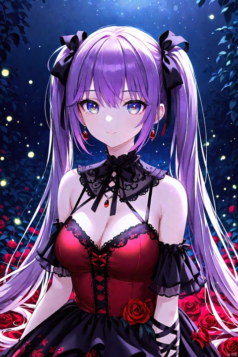 (masterpiece:1.3),(magic circle:1.3),best quality,illustration,,sunlight,(detailed beautiful eyes:1.3),1girl,expressionless,wavy hair,messy hair,long bangs,hairs between eyes,detailed extremely,BREAK,sitting,((loli)),gothic_lolita,red pupils,purple hair,red Surrounded by roses,A colorful tulle dress,Exquisite details,beautiful eyes,blue eyes,The background of a nighttime human wonderland,a magical background,fireflies,A slender and delicate beautiful face,BREAK,1girl,breasts,solo,cleavage,looking at viewer,twintails,large breasts,long hair,dress,bare shoulders,bangs,ribbon,smile,upper body,hair ribbon,earrings,8K quality,volumetric lighting,cinematic image quality,ultimate details,complex and exquisite details,very aethestic, snclstyle, PVC