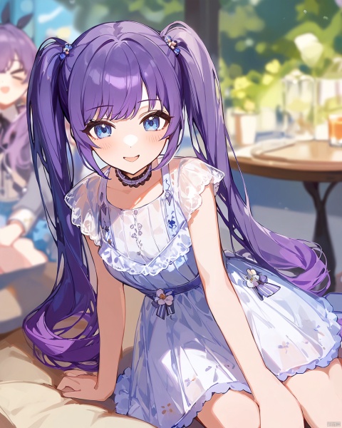 (by ningen mame:0.8) , (by ciloranko:1.1) , (by sho (sho lwlw):1.2) , 1girl,, sitting, arm support, smile, detailed,amazingquality, blue eyes,purple hair,twintails,long hair,dress, snclstyle,blurry_background,blurry_foreground,shiny,2.5d,>o<,blush,