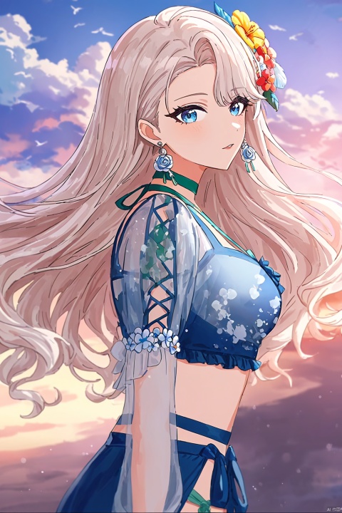 (impasto),watercolor,((artist:houk1se1)),(artist:modere),solo,((amazing quality)),1girl,white hair,blue eyes,long hair,lasymmetrical bangs,hair behind ear,white earrings,bikini,blue swimsuit,white hair flower,green choker,see-through sleeves,blush,upper body,look at viewer , from side,(beautiful color,detailed,best quality,very aesthetic:1.2),cowboy shot,bird,sky,cloud,wind,floating,ray tracing,depth of field,lighting and shadow,((perspective)),(lighting particles),colorful,snclstyle, as style, line art,line style