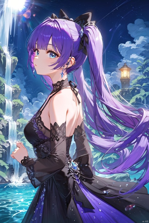(score_9,score_8_up,score_7_up),style_1,style_2,style_3,style_4, glow,masterpiece,best quality,amazing quality,beautiful detailed,4K,very aesthetic,beautiful color,1girl, twintails, solo, blue eyes, purple hair bow, halter dress, black sleeves, long hair, purple hair,bangs,A stunning 1-girl portrait, shot in a warm, soft focus to emphasize the masterpiece's amazing quality. The beautiful detailed subject wears a flowing halter dress with black sleeves, her twintails cascading down her back like a waterfall of night sky hues. Her purple hair bow shines like a beacon, as she gazes straight into the camera lens with piercing blue eyes. Long strands of purple hair fall across her face, framing it like a work of art. The background is blurred, allowing the viewer's focus to remain on the breathtaking subject, rendered in 4K beauty with vibrant color and textured brushstrokes reminiscent of impasto or watercolor techniques., line art
