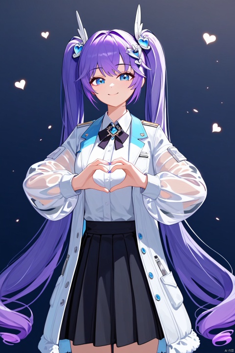 forming a heart with hands.,(score_9,score_8_up,score_7_up),style_1,style_2,style_3,style_4, glow,masterpiece,best quality,amazing quality,beautiful detailed,4K,very aesthetic,beautiful color,1girl, solo, purple hair, blue eyes, twintails, smile, long hair, very long hair, white collared jacket, hair ornament, black skirt, see-through sleeves, jacket, white jacket,