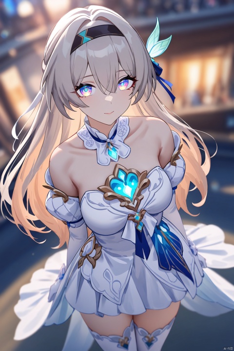 Firefly /(honkai: star rail/), Firefly's wedding dress, 1girl, long hair, white dress, white thighhighs,whitegloves,impasto,masterpiece,best quality,high quality,very aesthetic,upper body,from above,blurry background,colorful,beautiful color,looking at viewer,luminous eyes,gentle eyes,snclstyle