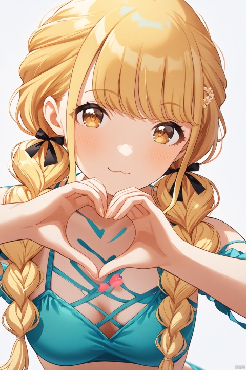 clean color,kotone fujita,kotone one,1girl,((reaching out)),braid,twin braids,long hair,blonde hair,brown eyes,（swimsuit）,detailed face,making a heart sign,(simple background),(white background),(upper body) BREAK beautiful color,detailed,best quality,amazing quality,very aesthetic,colorful,masterpiece,look at viewer,best quality,snclstyle,cowboy shot,:3,full body,chibi,